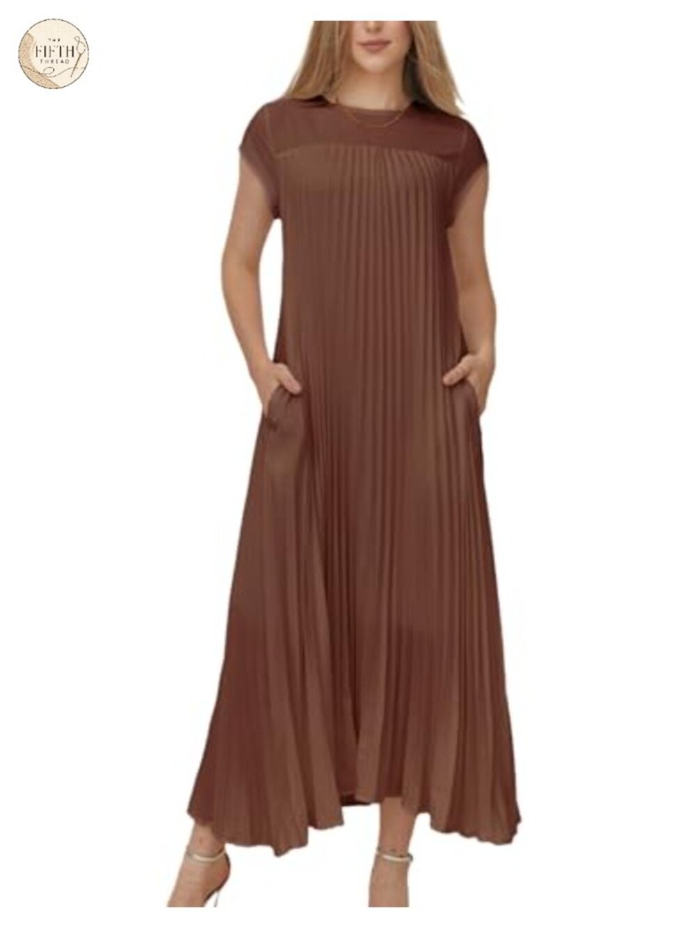 Women Summer Pleated Maxi Dress Short Sleeve Crewneck Flowy Swing Long Dress